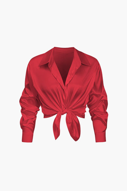 Elegante Damen Langarmbluse Seidiger Satin
