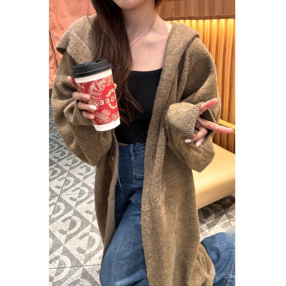 Damen Strickcardigan Mit Kapuze Lang Ilaria