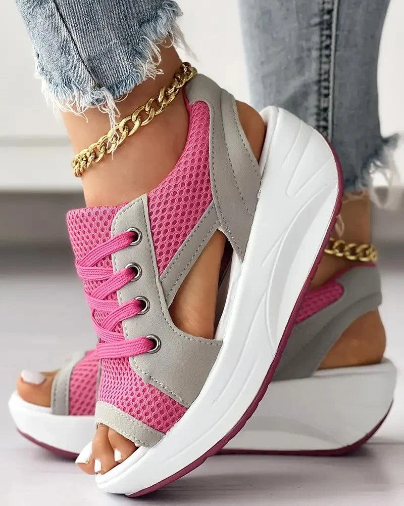 Norvielle Damen Muffin-Sandalen Kontrastausschnitt Schnürsenkel
