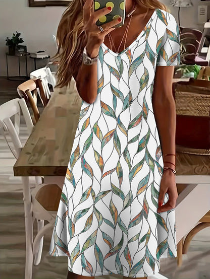 Norvielle Damen Sommerkleid Blättermuster V-Ausschnitt Midi - Norvielle