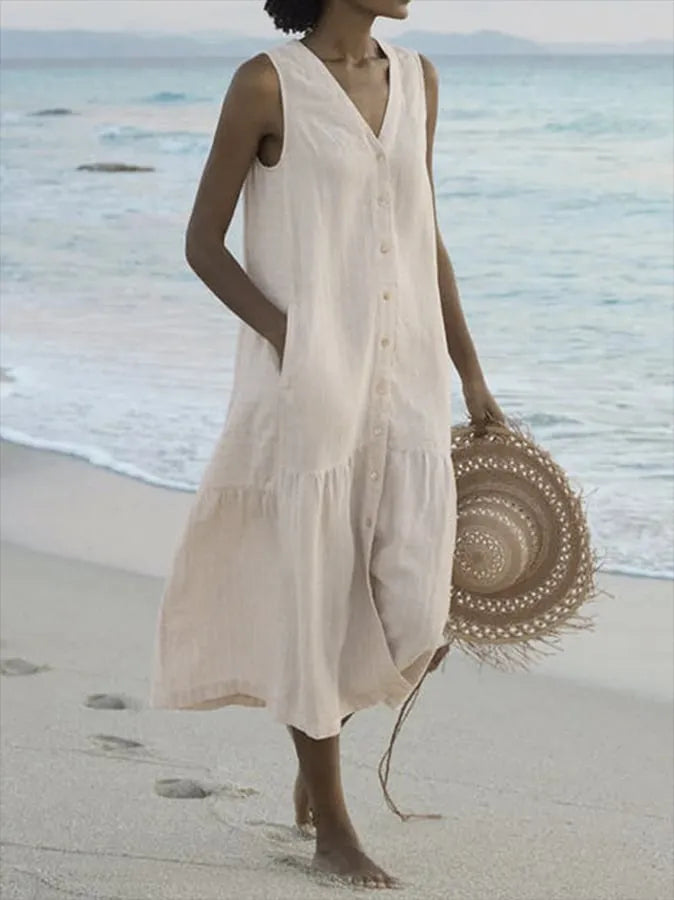 Damen Ärmelloses Strandkleid V-Ausschnitt Midi