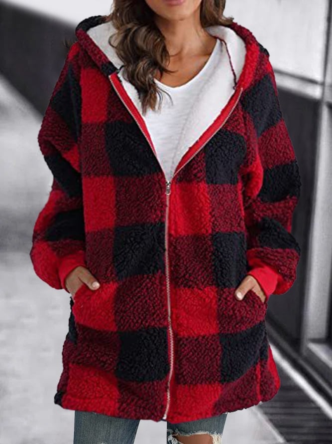 Damen Karierte Fleece Kapuzenjacke Weich weiß