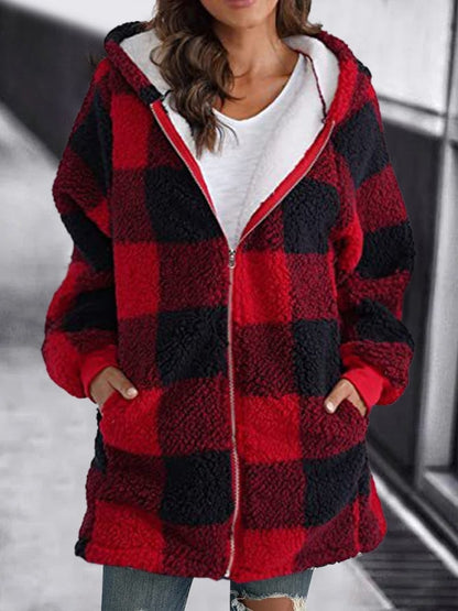 Damen Karierte Fleece Kapuzenjacke Weich weiß