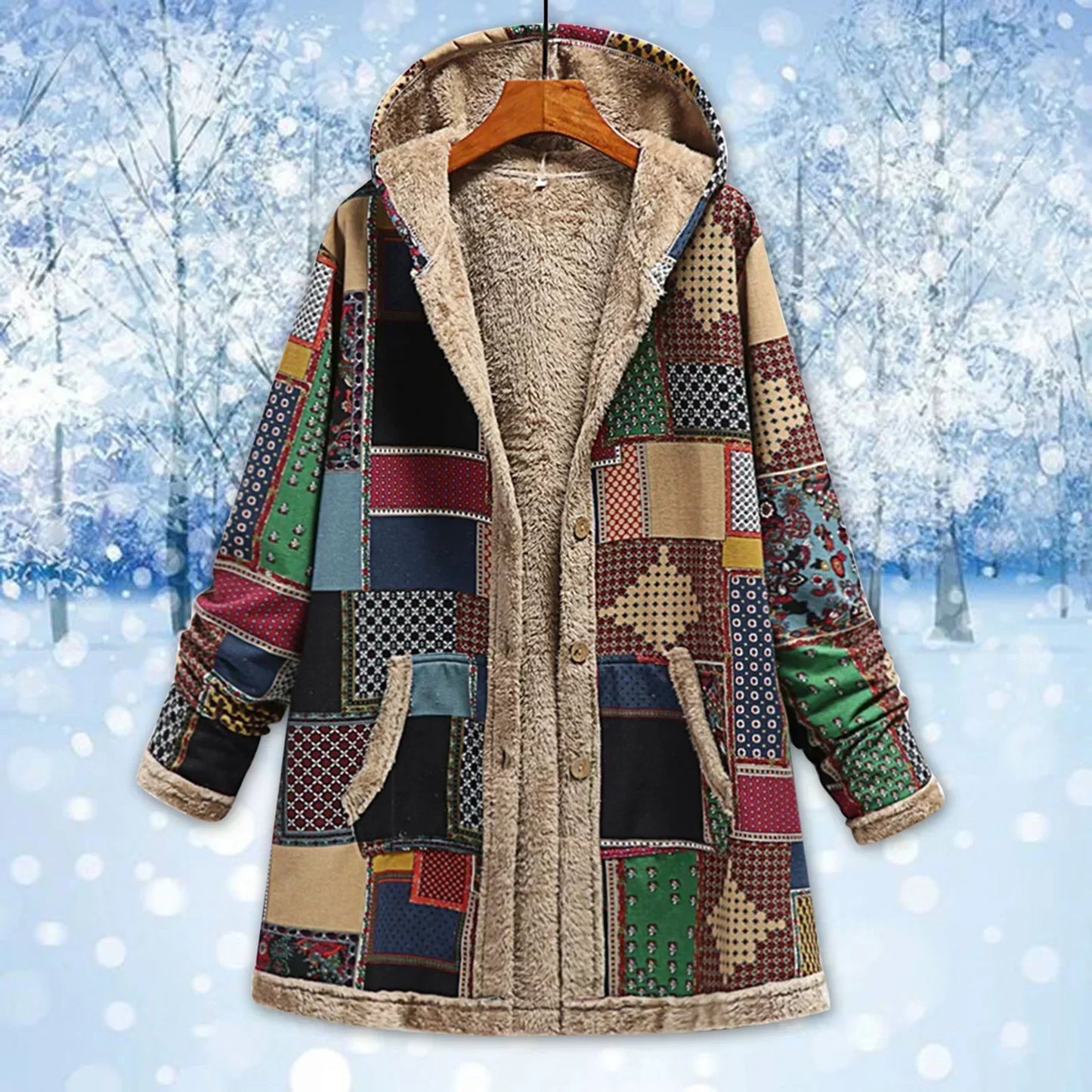 Damen Patchwork Jacke mit Kapuze Fleece-Futter Knopfverschluss