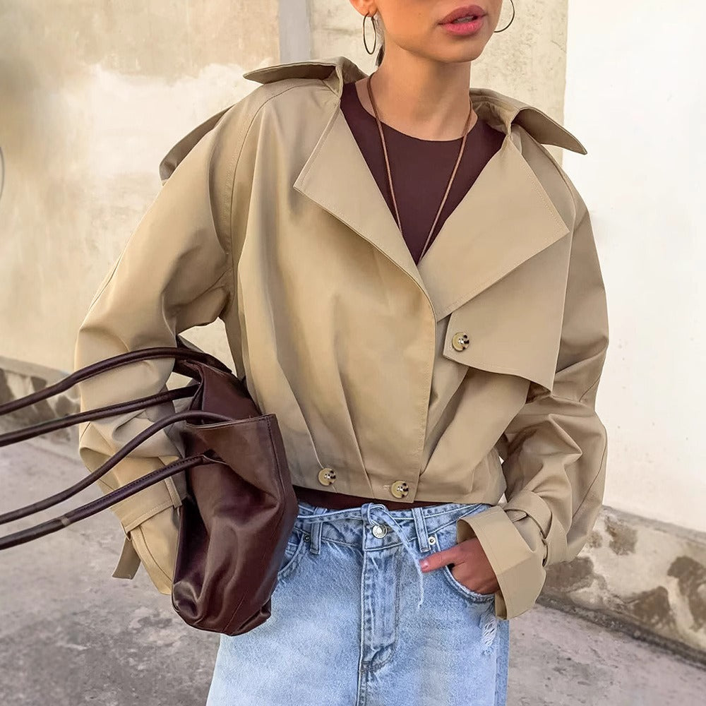 Damen Kurz-Trenchcoat Khaki Breiter Kragen - Norvielle