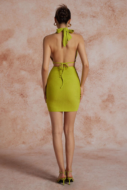 Damen Minikleid Rückenfrei Halterneck Raffung Sommer