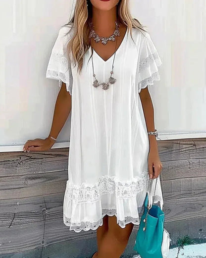Norvielle Damen Einfarbiges Kleid Kurze Ärmel Spitze