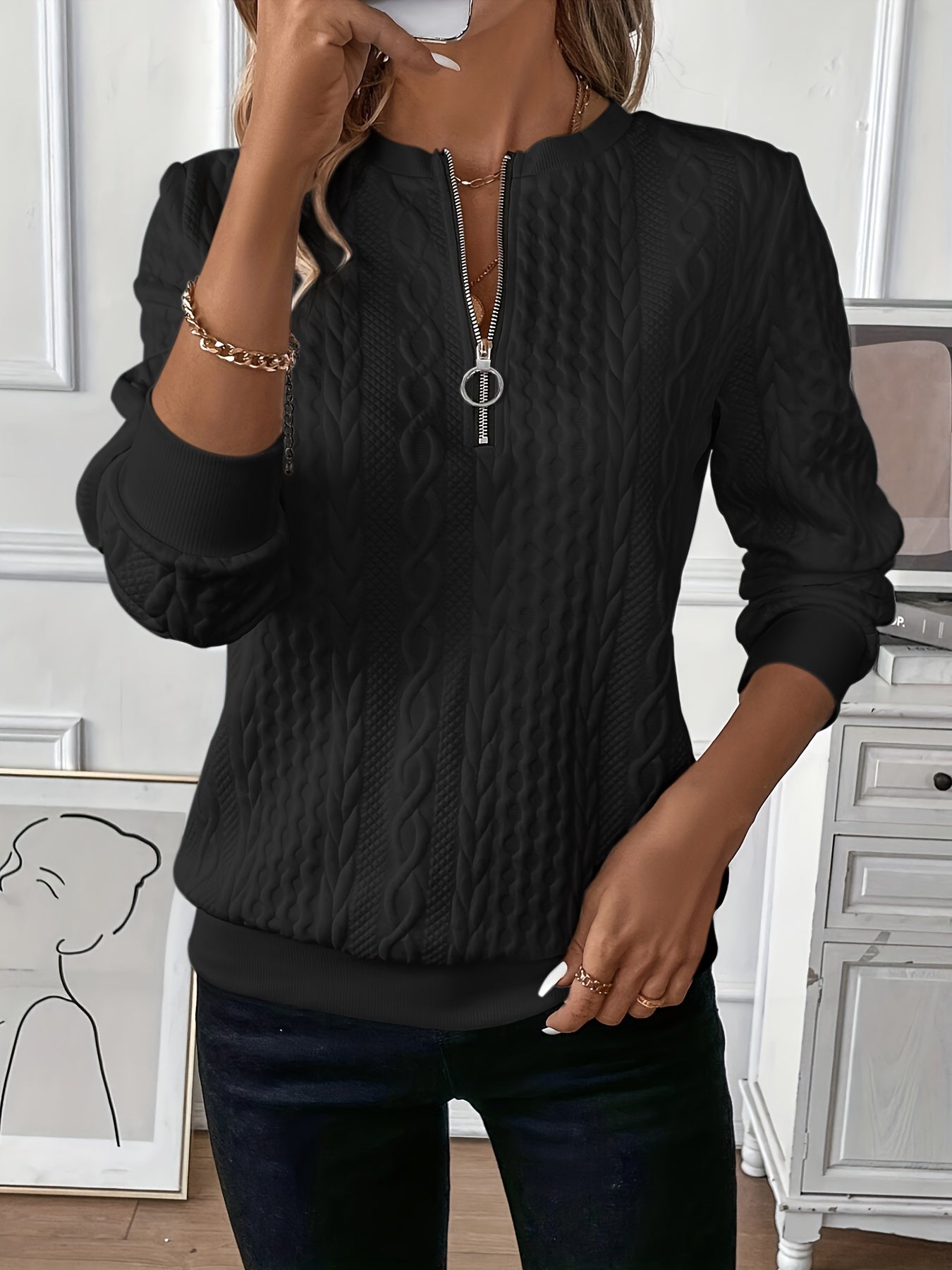Damen Halbzip Sweatshirt Strukturiert Lässig Grau