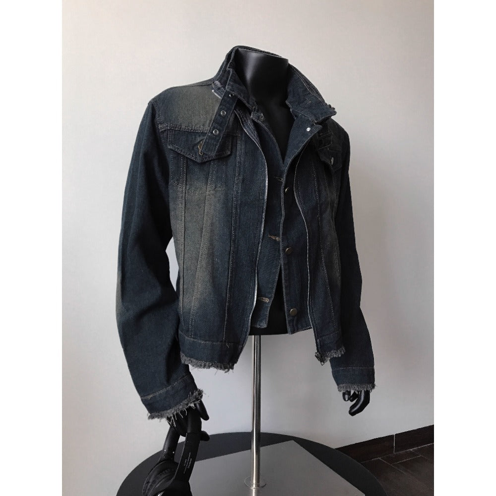 Dunkelblaue Jeansjacke Unisex Ausgefranster Saum - Norvielle