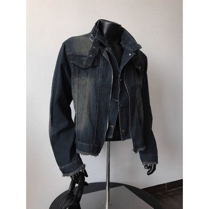 Dunkelblaue Jeansjacke Unisex Ausgefranster Saum - Norvielle