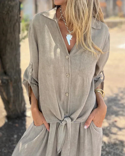 Damen Zweiteiler Uni Farbe Weite Hose Locker Bluse