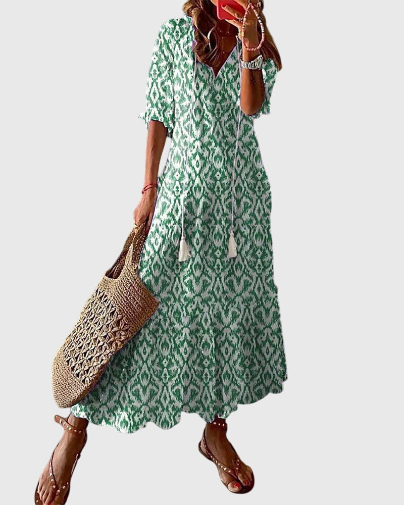 Damen Boho Maxikleid V-Ausschnitt