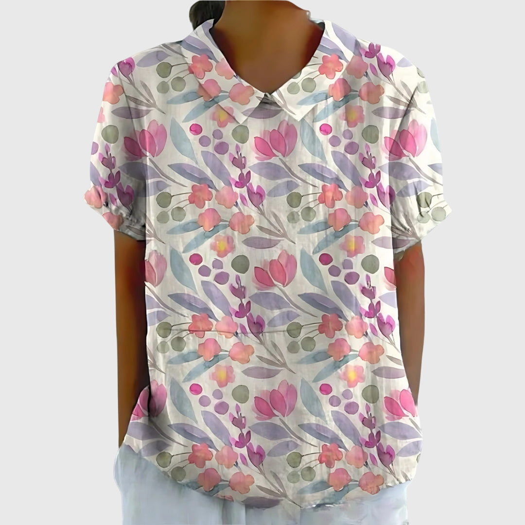 Damen Blume Bluse Kurzarm mit Kragen