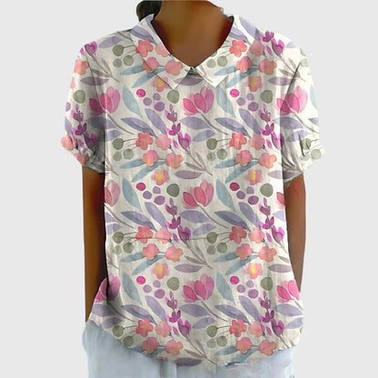 Damen Blume Bluse Kurzarm mit Kragen