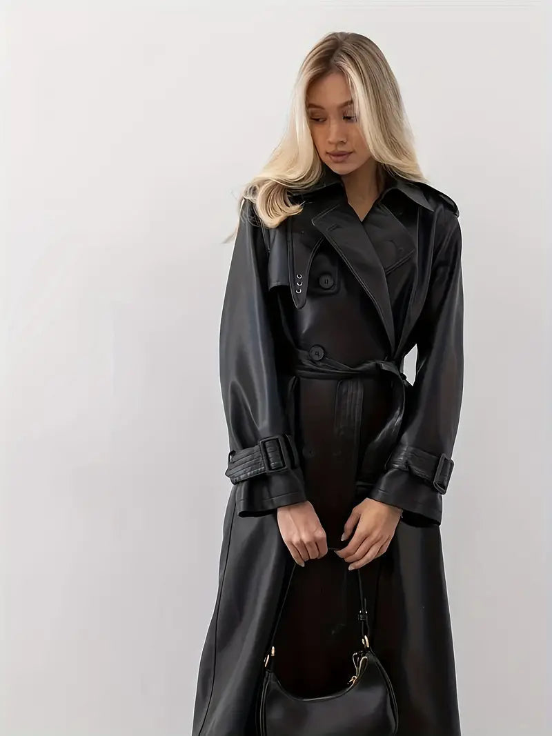 Damen Trenchcoat Langer Gürtetragender Kunstleder