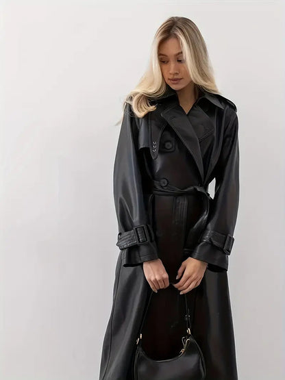 Damen Trenchcoat Langer Gürtetragender Kunstleder