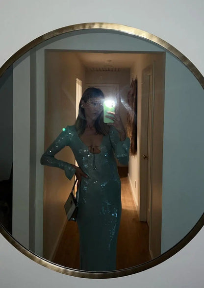 Mintgrünes Damenkleid mit Spitze und Langen Ärmeln Glitzer