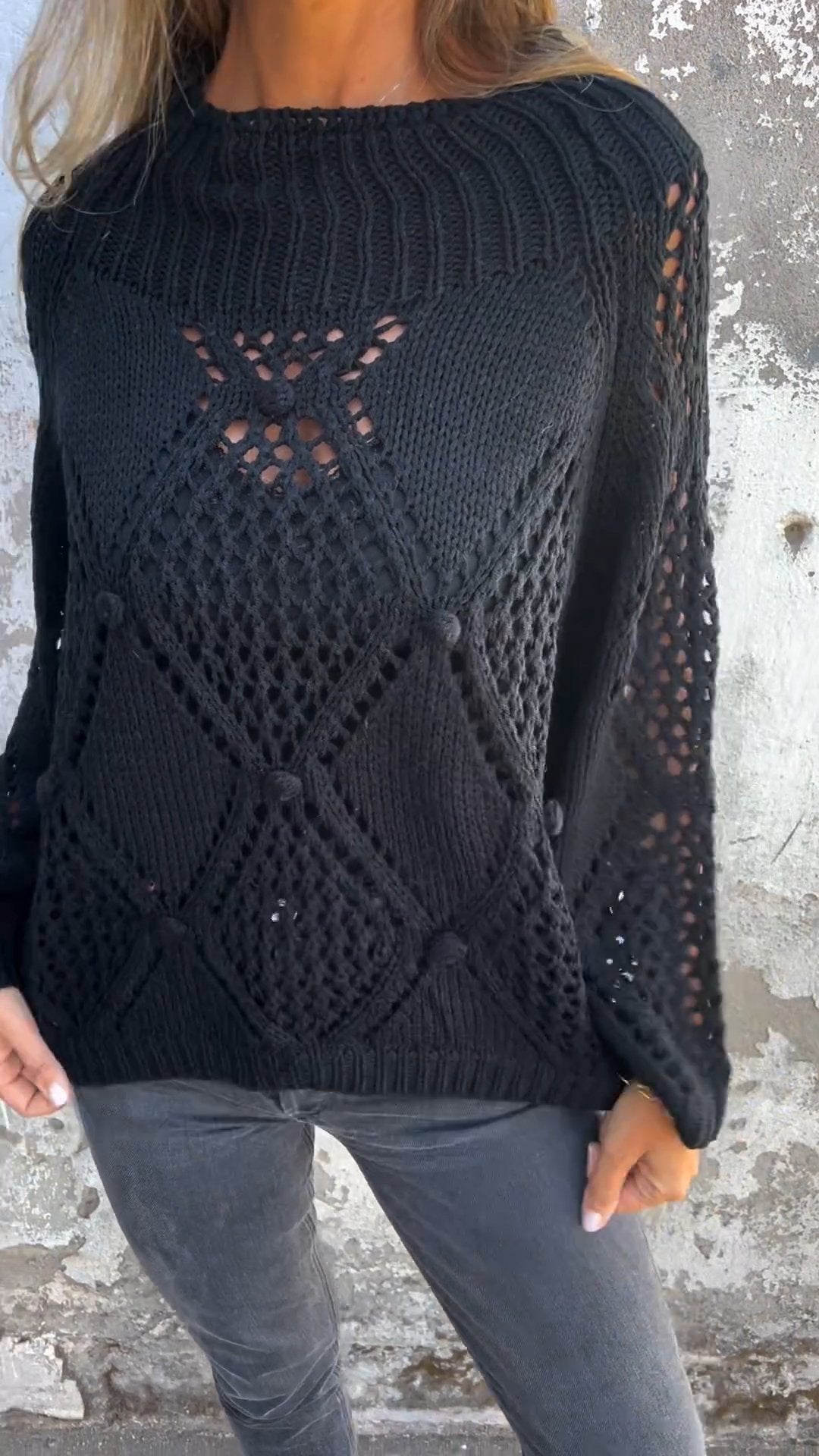 Brenneth Damen Langarm-Stricktop Rundhalsausschnitt Hohldesign