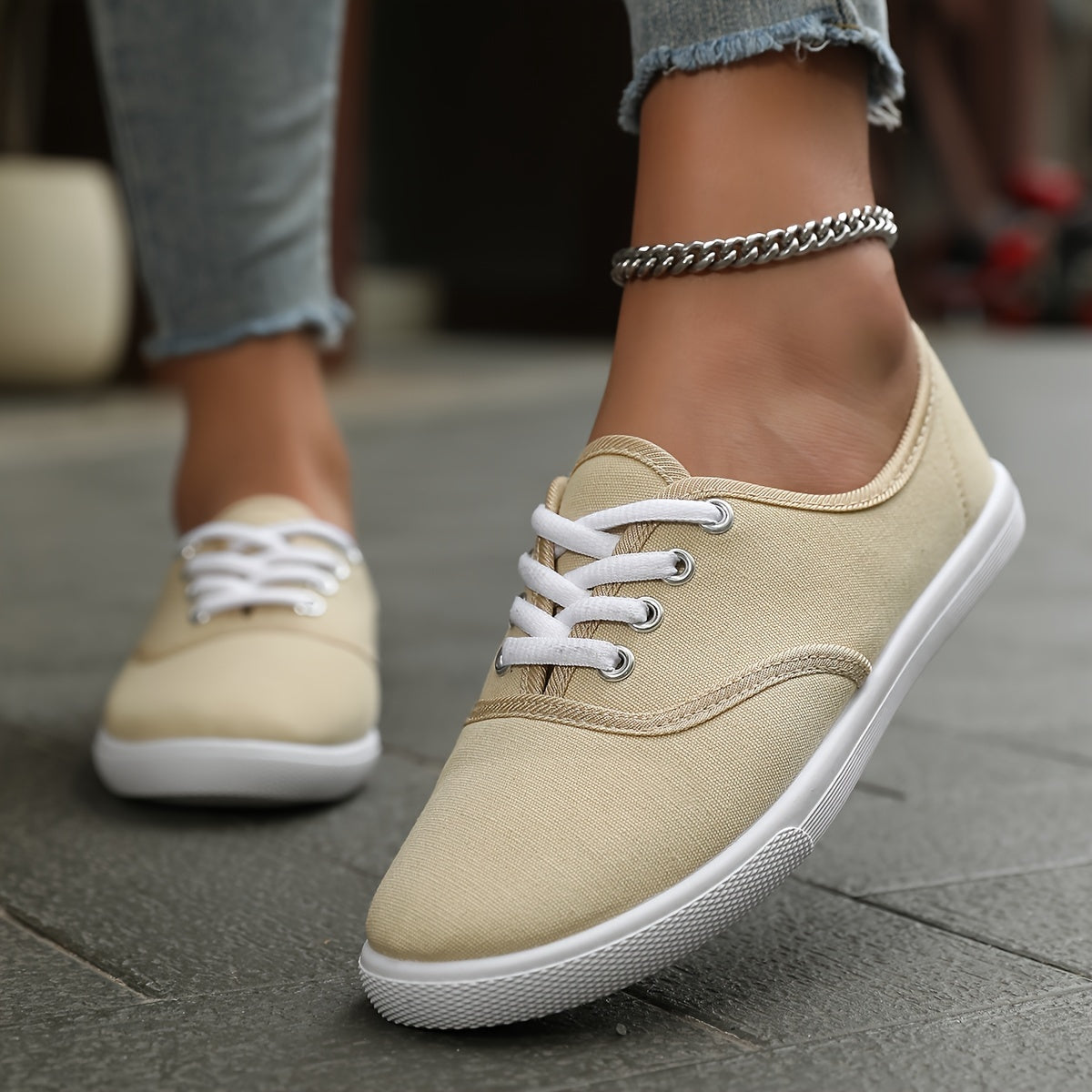 Norvielle Damen Canvas Schnürschuhe Bequem Niedrig Weiß