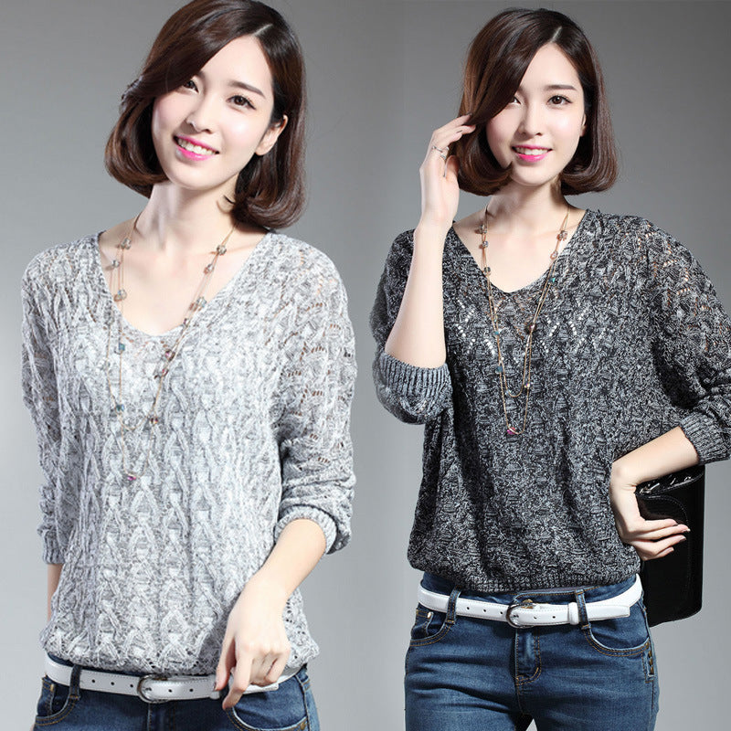 Damen Strickpullover V-Ausschnitt Offenes Muster Beige - Norvielle