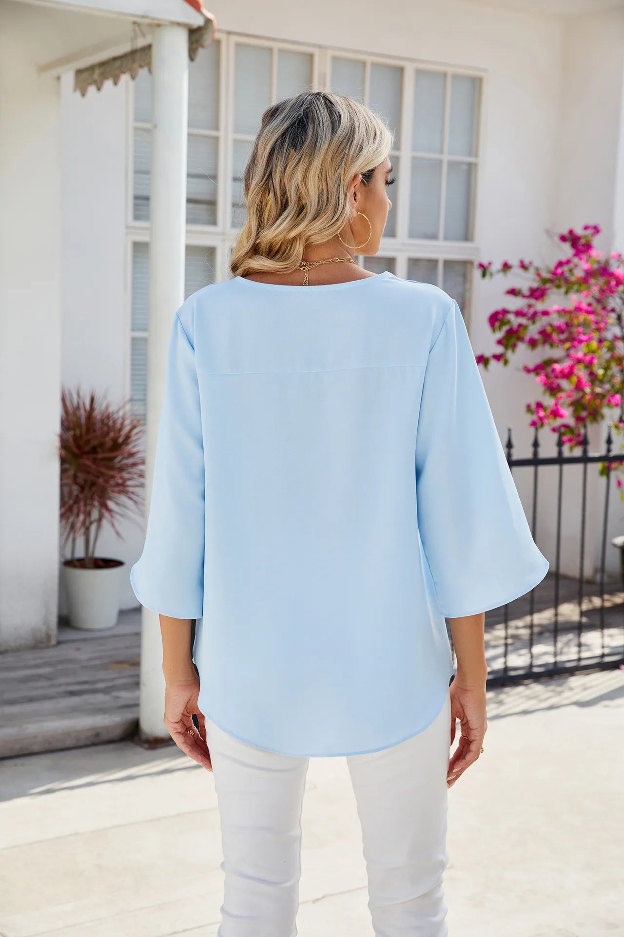 Caetana Damenbluse Chiffon Kurzärmelig V-Ausschnitt