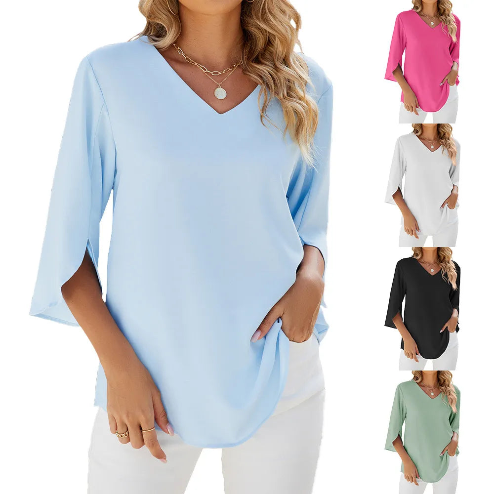 Caetana Damenbluse Chiffon Kurzärmelig V-Ausschnitt