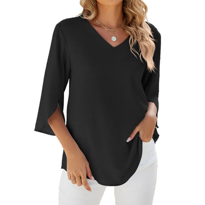 Caetana Damenbluse Chiffon Kurzärmelig V-Ausschnitt