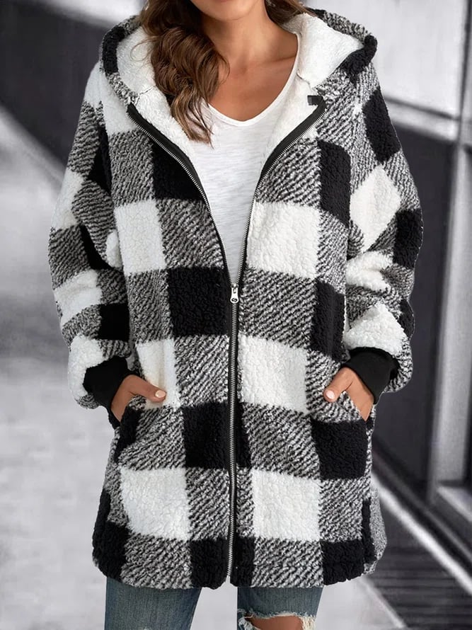 Damen Karierte Fleece Kapuzenjacke Weich weiß