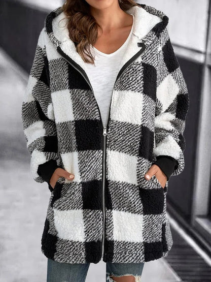 Damen Karierte Fleece Kapuzenjacke Weich weiß