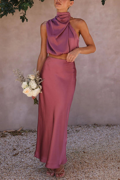 Damen Satin Maxirock Set Neckholder