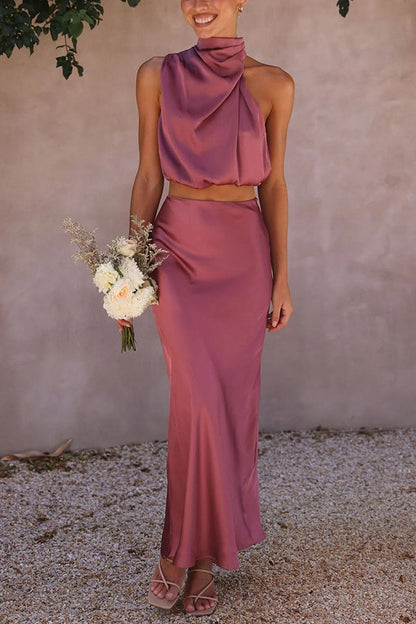 Damen Satin Maxirock Set Neckholder