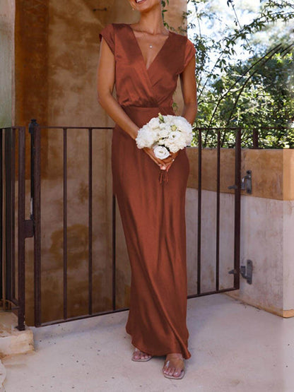 Damen Maxikleid Satin Fishtail V-Ausschnitt