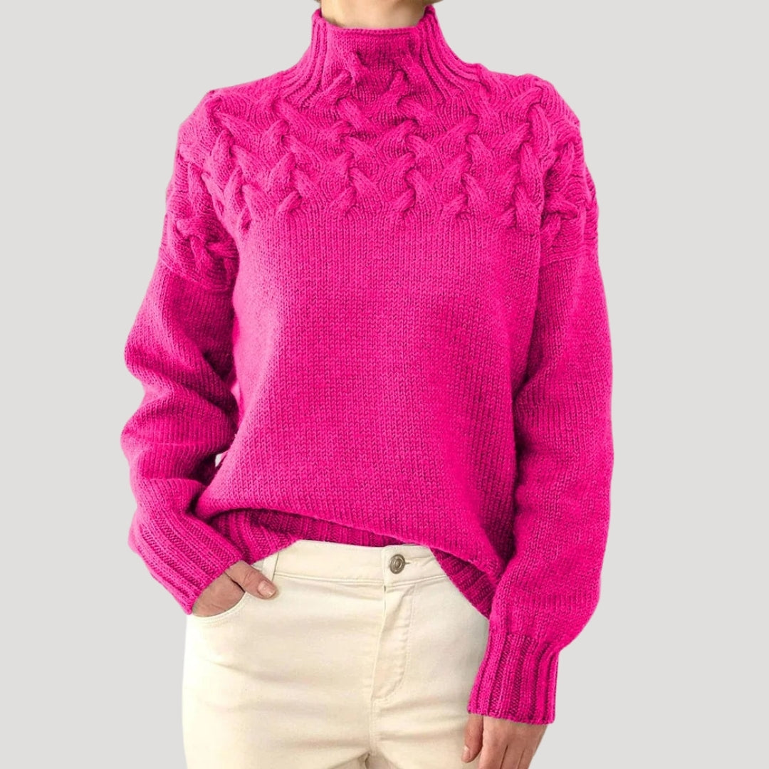 Damen Strickpullover Zopfmuster Hochkragen Beige