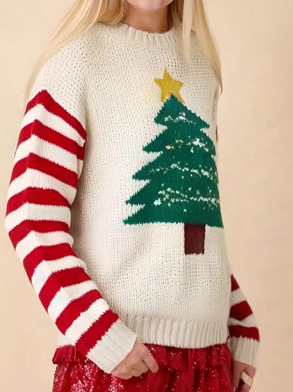 Weihnachtspullover Damen Rundhals Elfenbeinrot Streifen