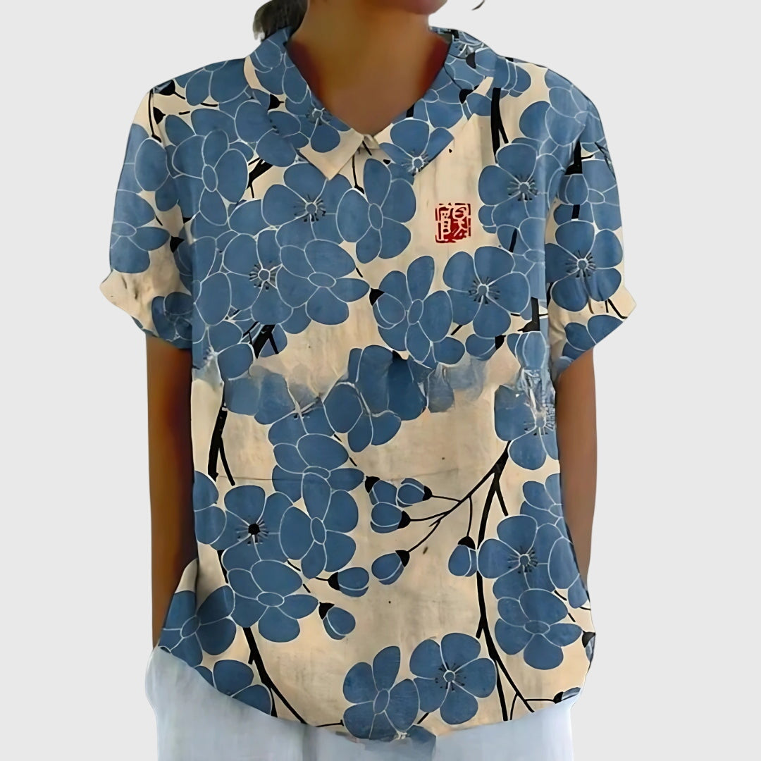 Damen Blume Bluse Kurzarm mit Kragen
