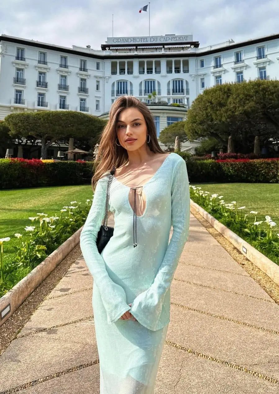 Mintgrünes Damenkleid mit Spitze und Glitzer Effekt, Langärmlig