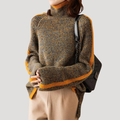 Damen Strickpullover Rollkragen Rippstruktur Beige