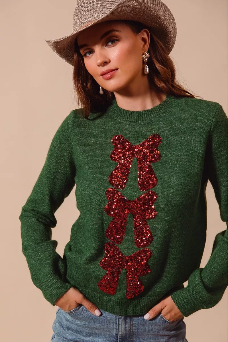Weihnachtspullover Damen Grün Glitzernd Mit Schleife