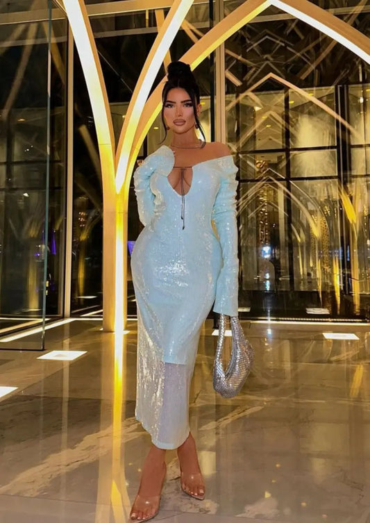 Mintgrünes Damenkleid mit Spitze und Langen Ärmeln Glitzer - Norvielle