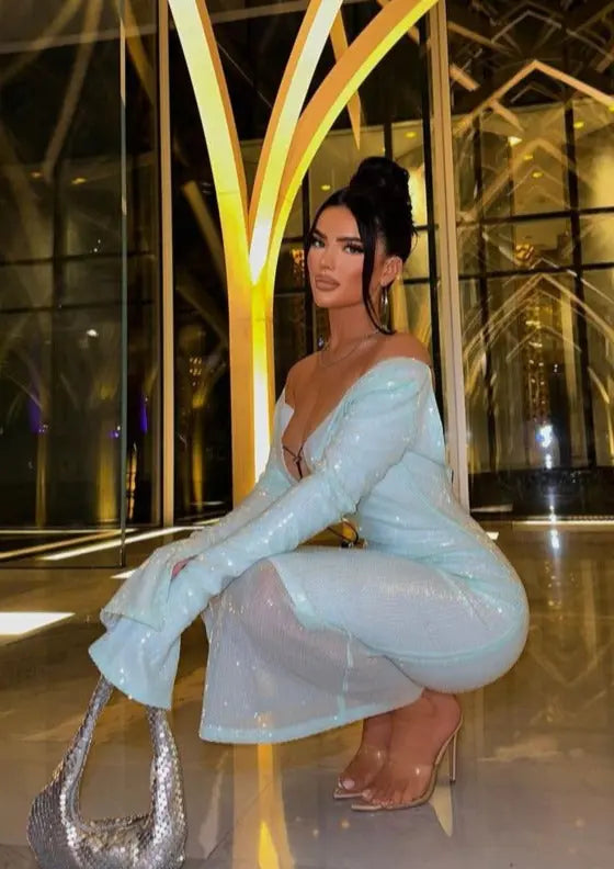 Mintgrünes Damenkleid mit Spitze und Langen Ärmeln Glitzer