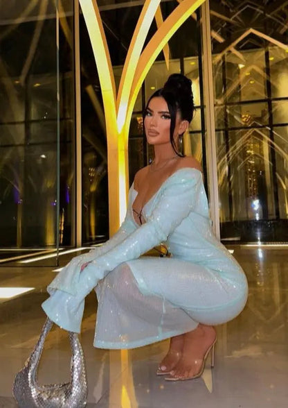 Mintgrünes Damenkleid mit Spitze und Langen Ärmeln Glitzer