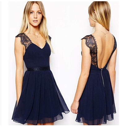Damen Chiffon-Kleid V-Ausschnitt Spitzenverzierung Elegant Schwarz - Norvielle