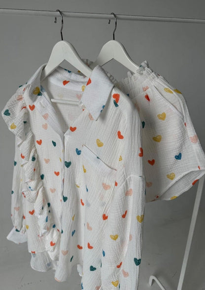 Damen Zweiteiler-Set Herz-Print Leicht Sommer