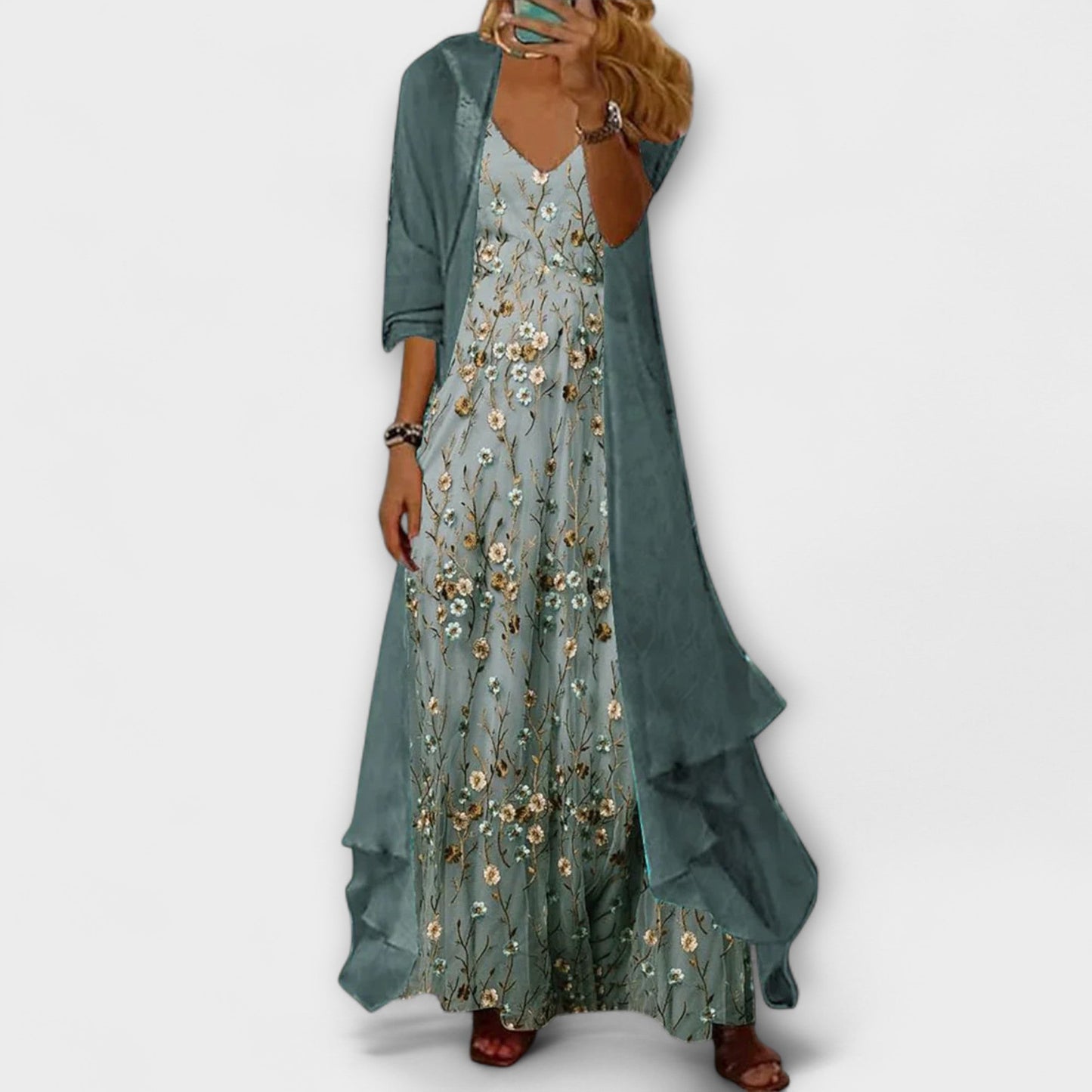 Damen Maxi Kleid V-Ausschnitt Blumenmuster