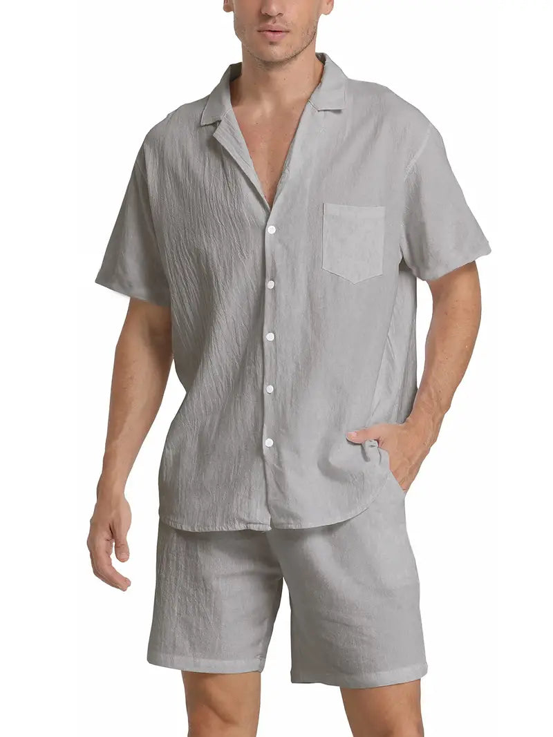Herren Kurzarm-Hemd Shorts Set Baumwolle Sommerweiß
