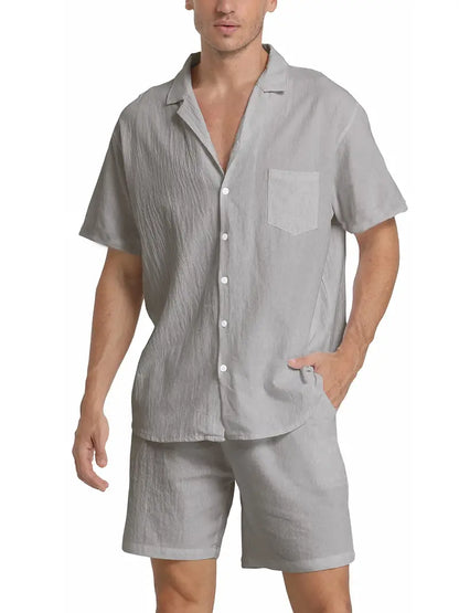 Herren Kurzarm-Hemd Shorts Set Baumwolle Sommerweiß
