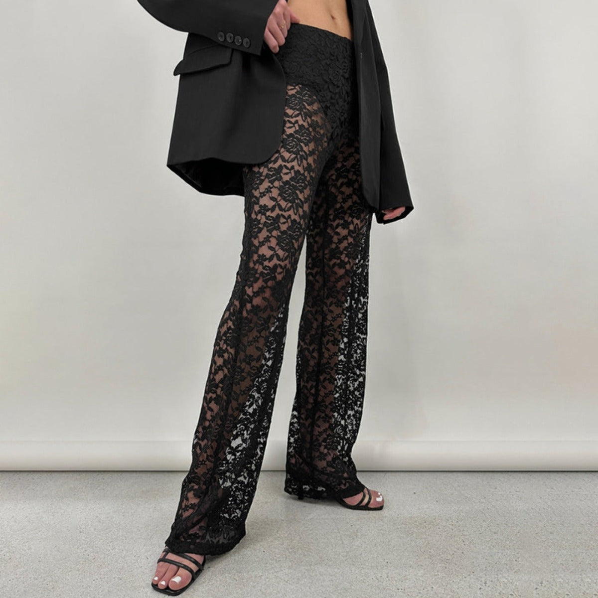 Damen Spitze Hose Lange Gerade Hochtailline Schwarz - Norvielle