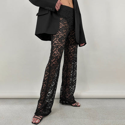 Damen Spitze Hose Lange Gerade Hochtailline Schwarz - Norvielle
