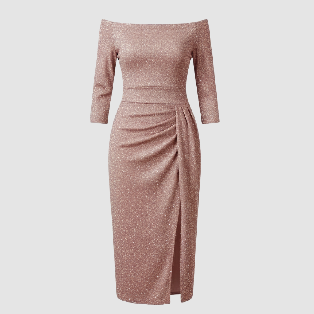 Elegantes Damen Hochzeitsgastkleid Off-Shoulder Lang Satin