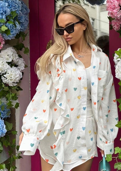 Damen Zweiteiler-Set Herz-Print Leicht Sommer